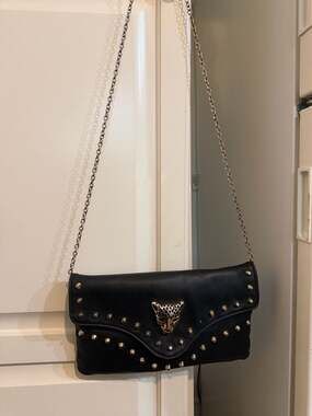 Black Faux Leather Studded Crossbody Bag with Gold Leopard Head